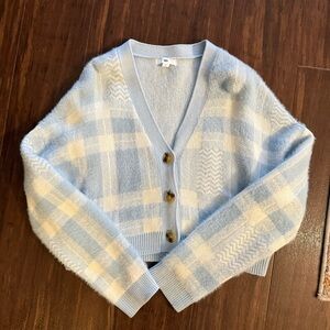BP Light Blue & Cream Plaid V-Neck Button Cardigan